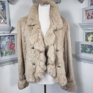 Rabbit Fur with Leather trim Coat Jacket Pockets sz Small